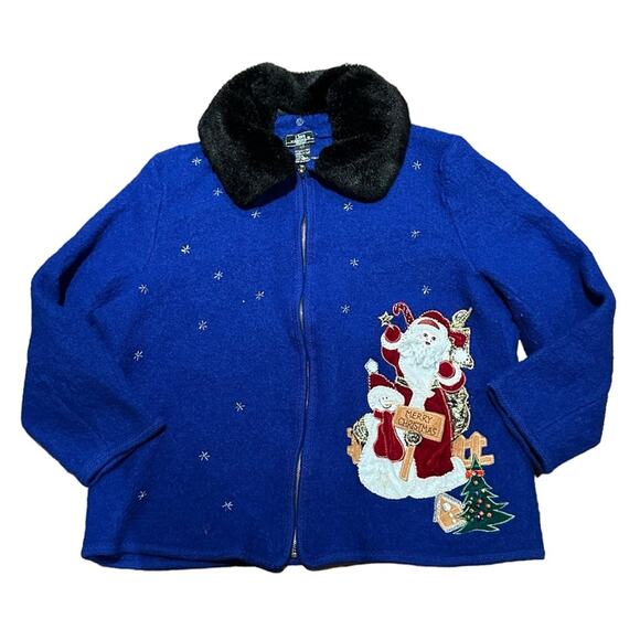 Lisa International Women’s 2X Royal Blue Boiled Wool Zip Jacket w/ Santa Clause - Picture 1 of 8